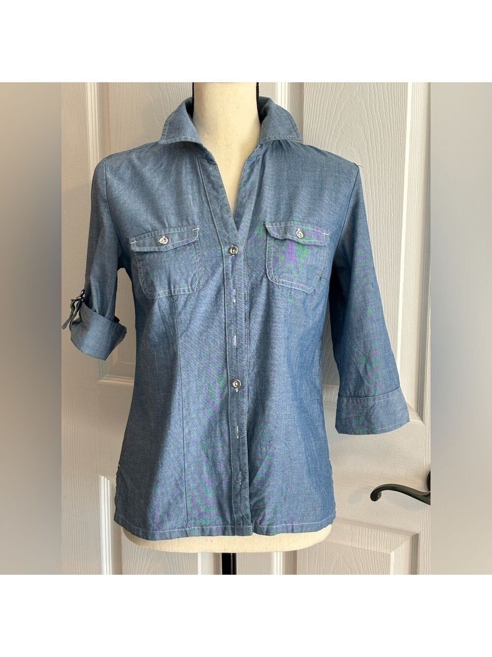 Karen Scott Petites Dark Chambray Button Front Convertible Sleeve Blouse Sz P